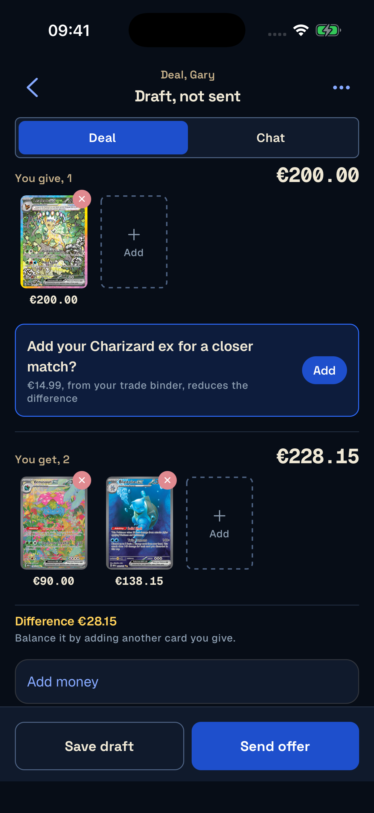An Unbinder draft trade with Gary: one Leafeon offered for Venusaur and Blastoise.